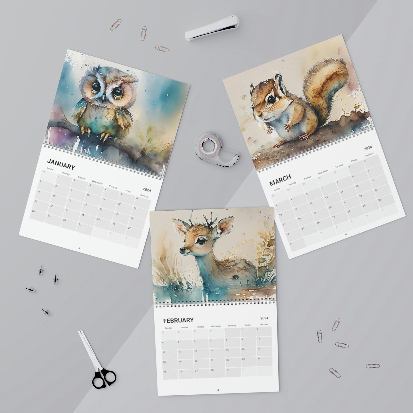 Cute Watercolor Baby Forest Animals 2024 Calendar, Mother's Day, Wall Calendar