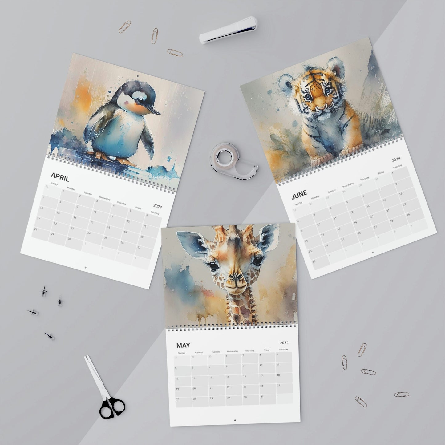 Cute Watercolor Baby Zoo Animals 2024 Calendar, Mother's Day, Wall Calendar