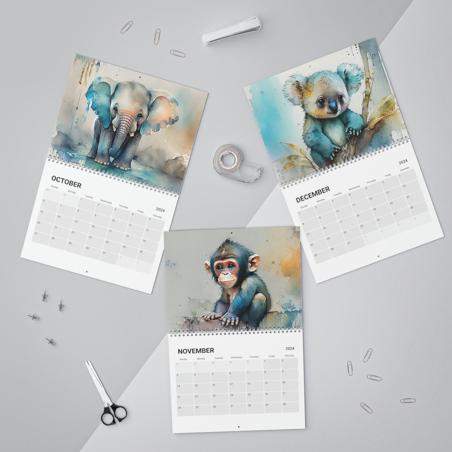Cute Watercolor Baby Zoo Animals 2024 Calendar, Mother's Day, Wall Calendar