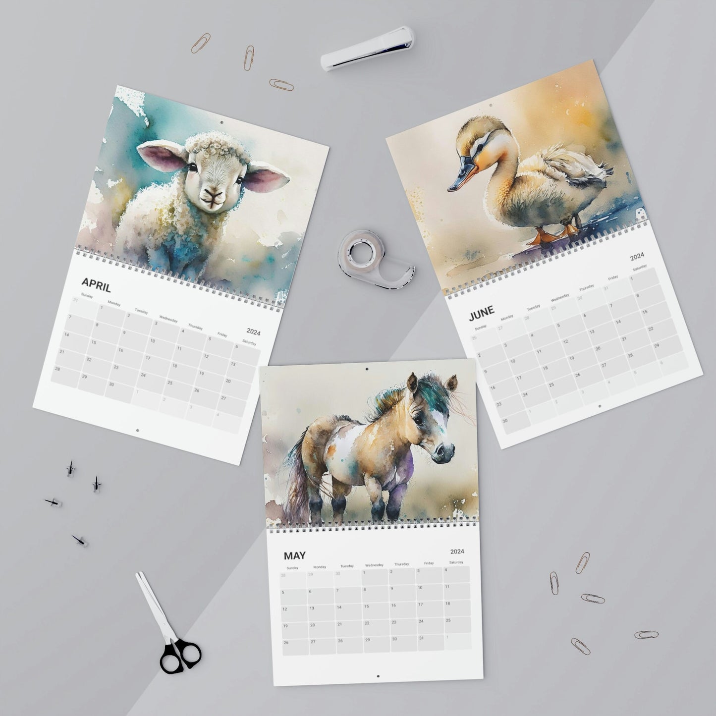 Cute Watercolor Baby Barnyard Animals 2024 Calendar, Mother's Day, Wall Calendar