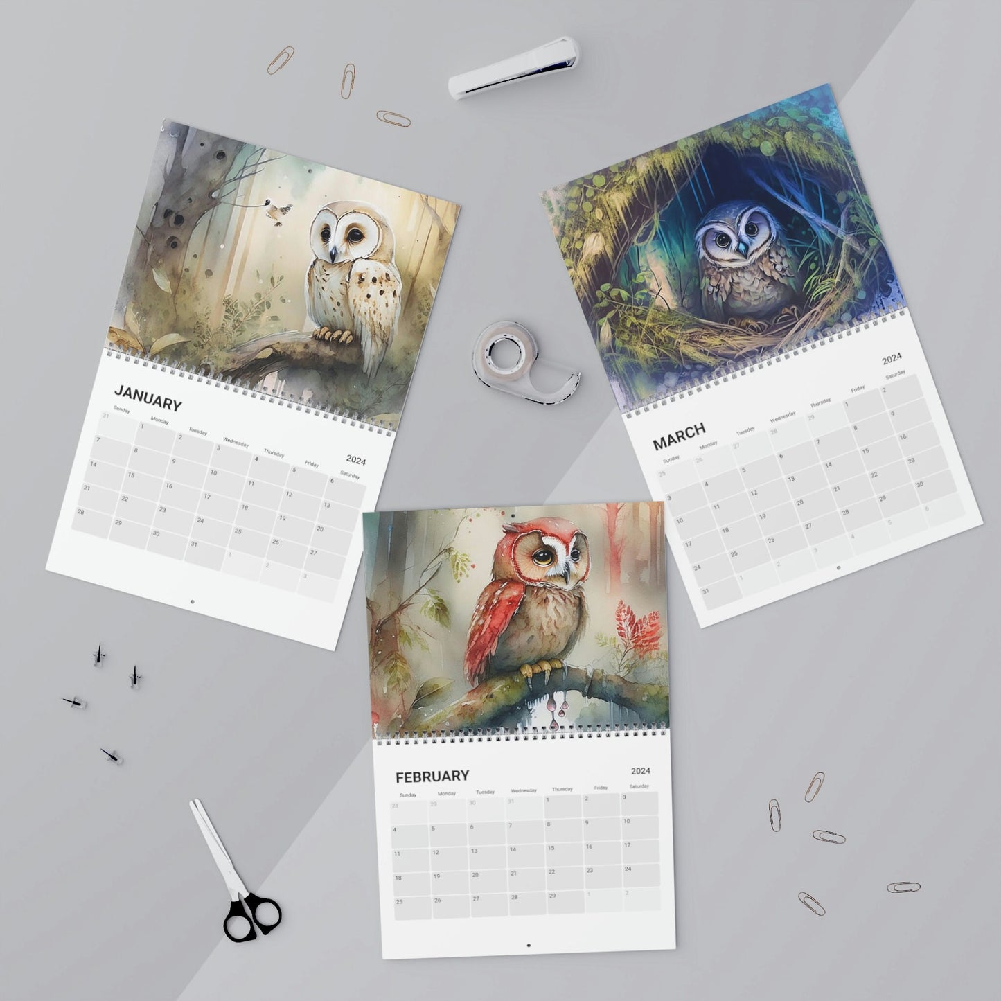 Cute Watercolor Owls 2024 Calendar, Mother's Day, Wall Calendar
