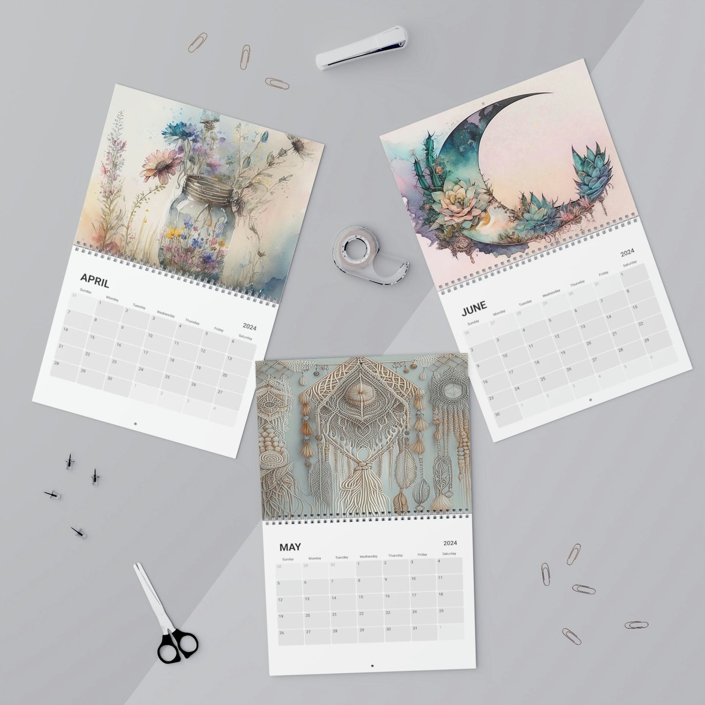 Beautiful Watercolor Boho Vibes 2024 Calendar, 12 month calendar, Wall Calendar