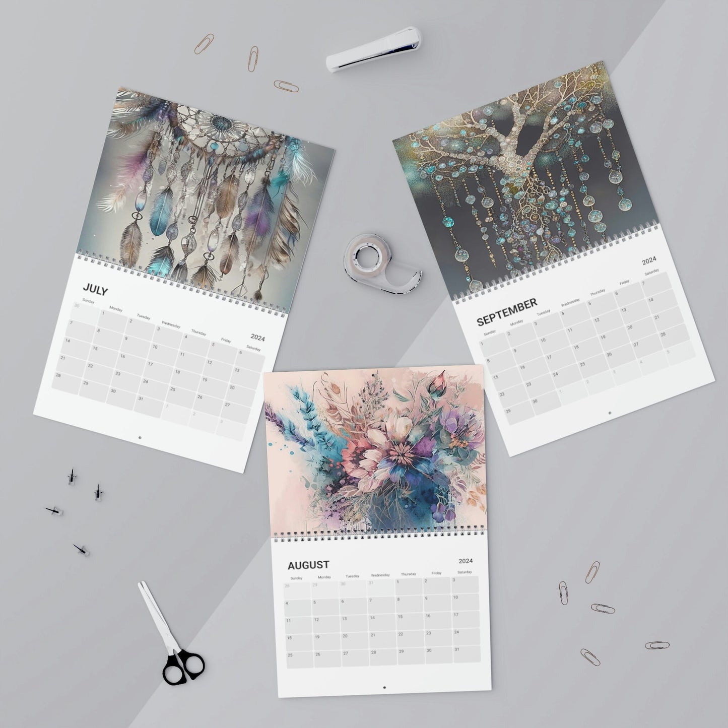 Beautiful Watercolor Boho Vibes 2024 Calendar, 12 month calendar, Wall Calendar