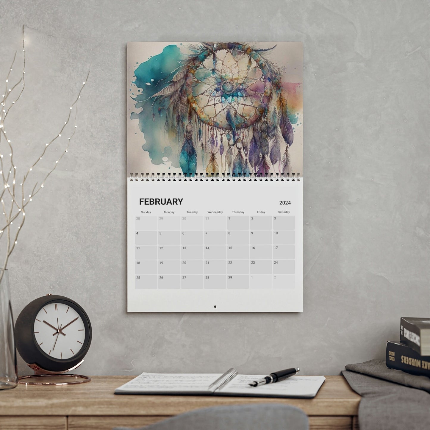 Beautiful Watercolor Boho Vibes 2024 Calendar, 12 month calendar, Wall Calendar
