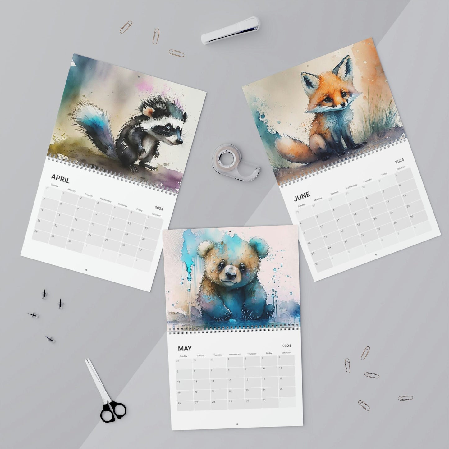 Cute Watercolor Baby Forest Animals 2024 Calendar, Mother's Day, Wall Calendar
