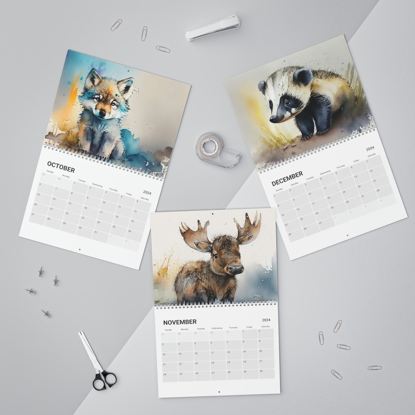Cute Watercolor Baby Forest Animals 2024 Calendar, Mother's Day, Wall Calendar