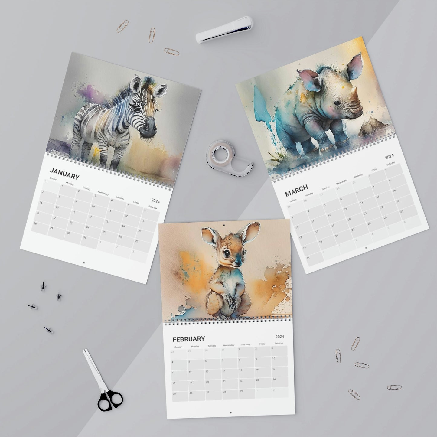 Cute Watercolor Baby Zoo Animals 2024 Calendar, Mother's Day, Wall Calendar
