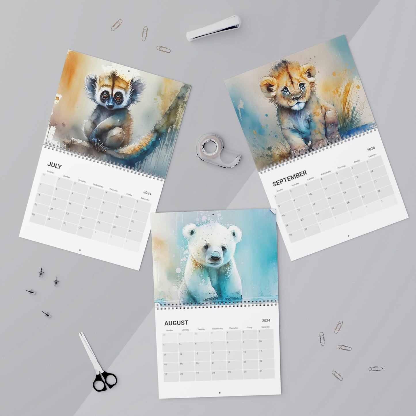 Cute Watercolor Baby Zoo Animals 2024 Calendar, Mother's Day, Wall Calendar