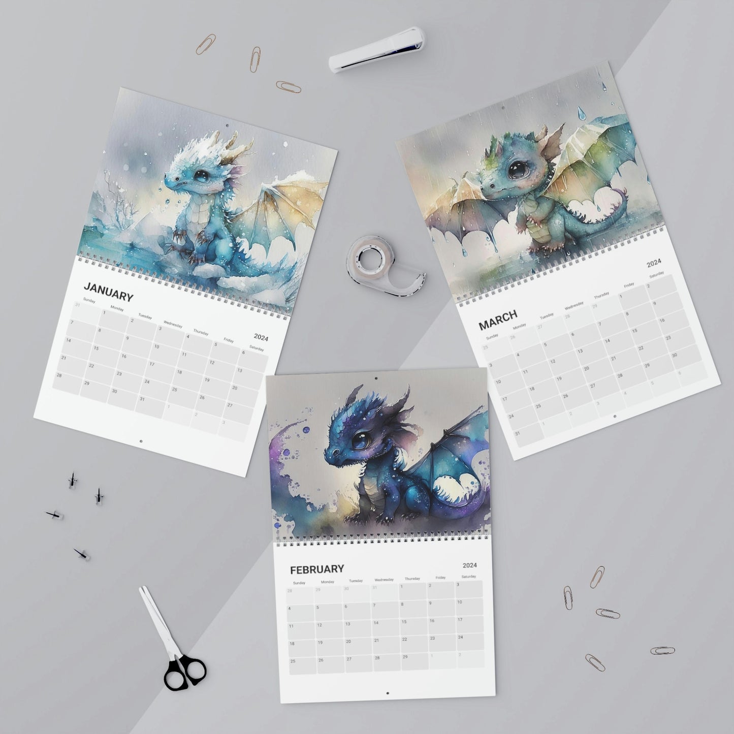 Cute Watercolor Baby Dragon Animals 2024 Calendar, Mother's Day, Wall Calendar