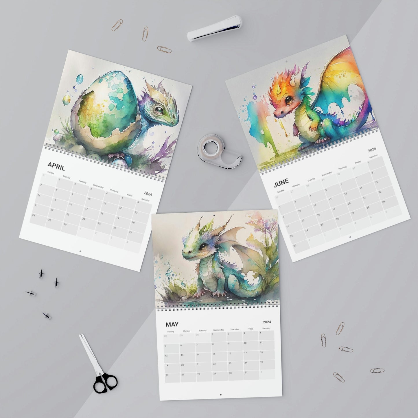 Cute Watercolor Baby Dragon Animals 2024 Calendar, Mother's Day, Wall Calendar