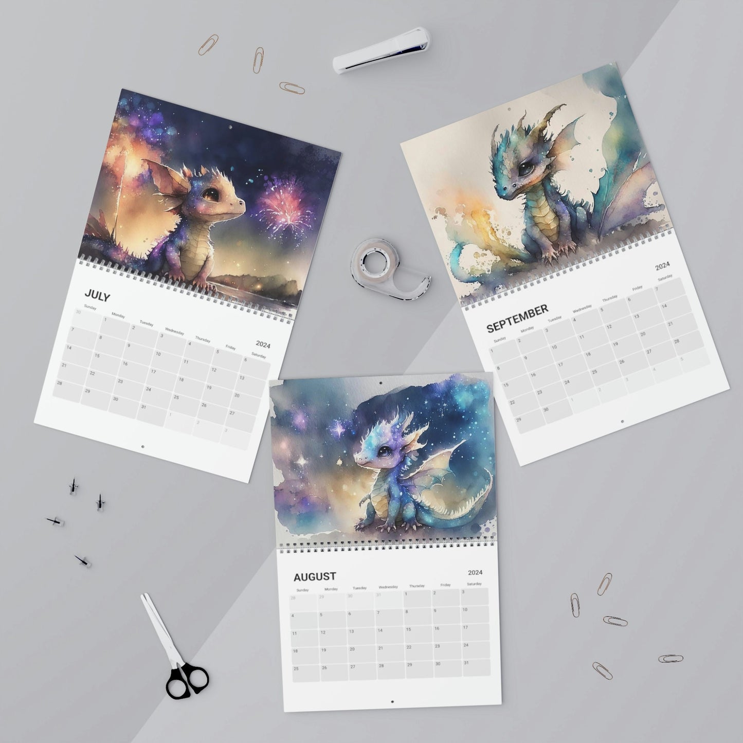 Cute Watercolor Baby Dragon Animals 2024 Calendar, Mother's Day, Wall Calendar