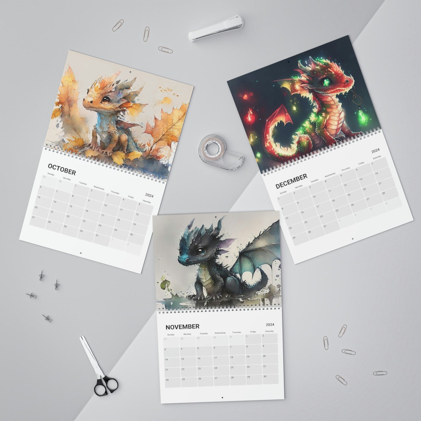 Cute Watercolor Baby Dragon Animals 2024 Calendar, Mother's Day, Wall Calendar