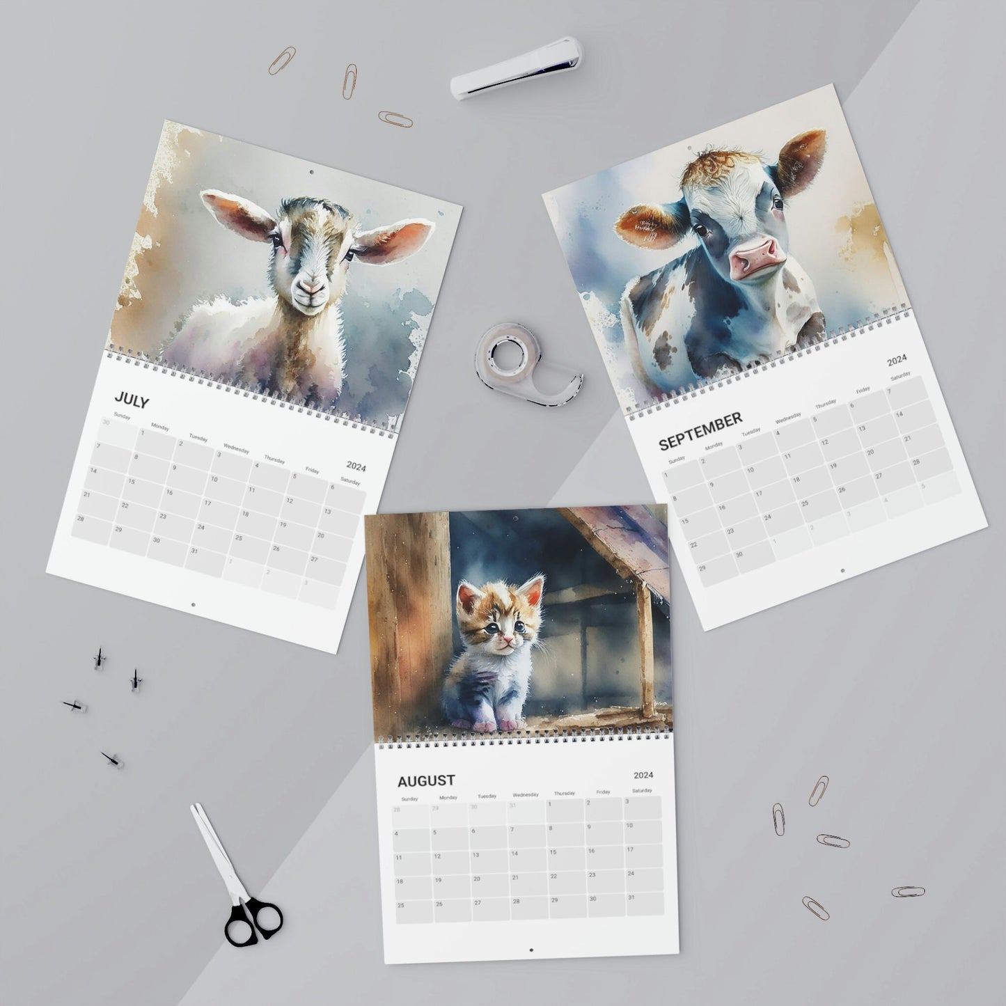 Cute Watercolor Baby Barnyard Animals 2024 Calendar, Mother's Day, Wall Calendar