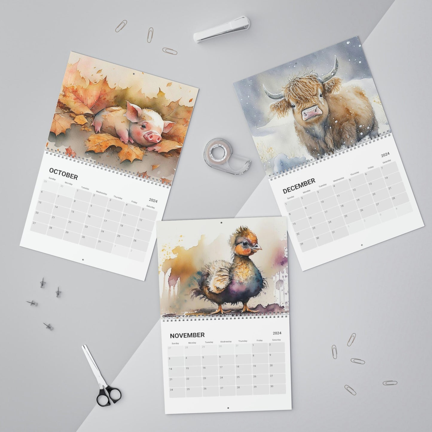 Cute Watercolor Baby Barnyard Animals 2024 Calendar, Mother's Day, Wall Calendar