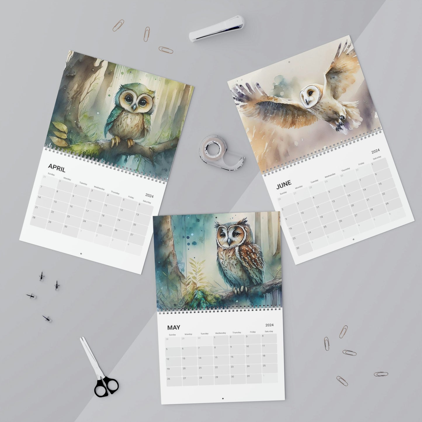 Cute Watercolor Owls 2024 Calendar, Mother's Day, Wall Calendar