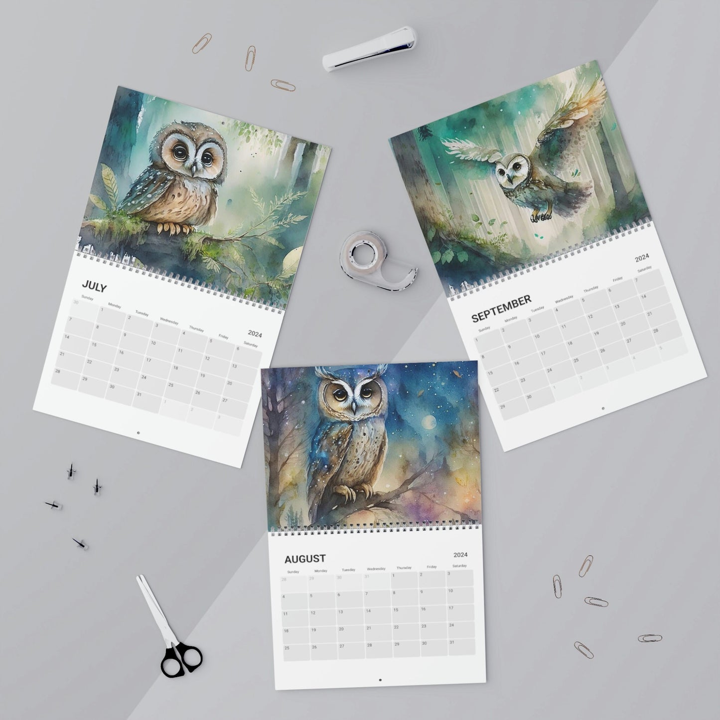 Cute Watercolor Owls 2024 Calendar, Mother's Day, Wall Calendar