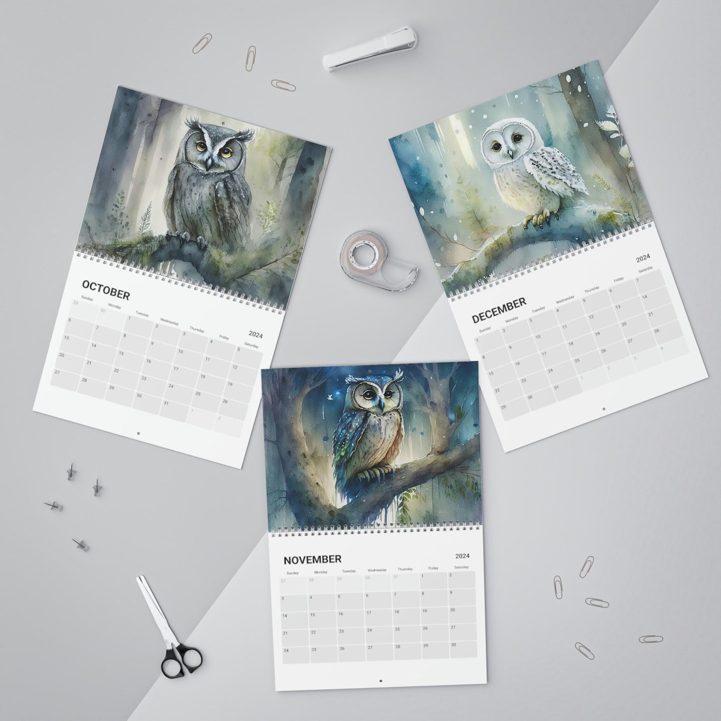 Cute Watercolor Owls 2024 Calendar, Mother's Day, Wall Calendar