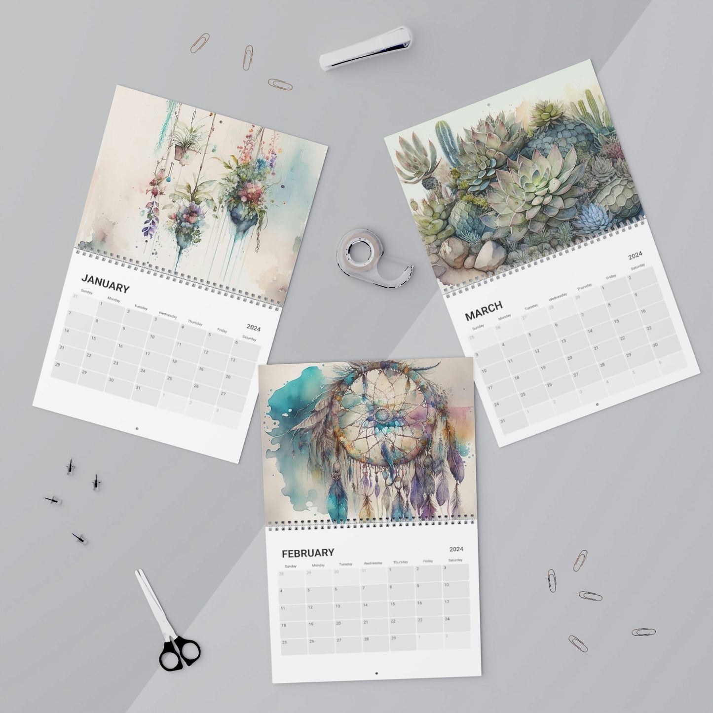 Beautiful Watercolor Boho Vibes 2024 Calendar, 12 month calendar, Wall Calendar