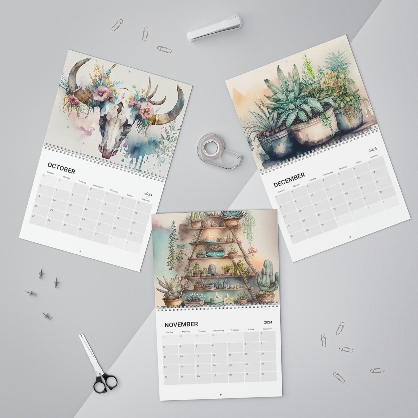 Beautiful Watercolor Boho Vibes 2024 Calendar, 12 month calendar, Wall Calendar