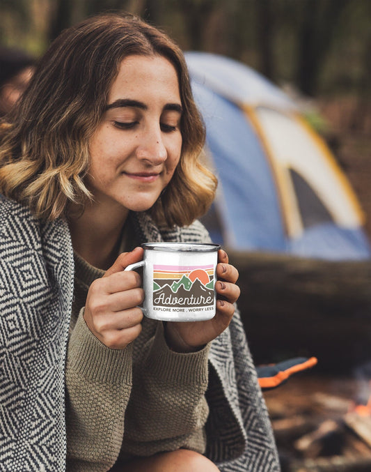 Adventure Explore more, Worry less Enamel Camping Mug, light weight stainless steel 12 oz mug