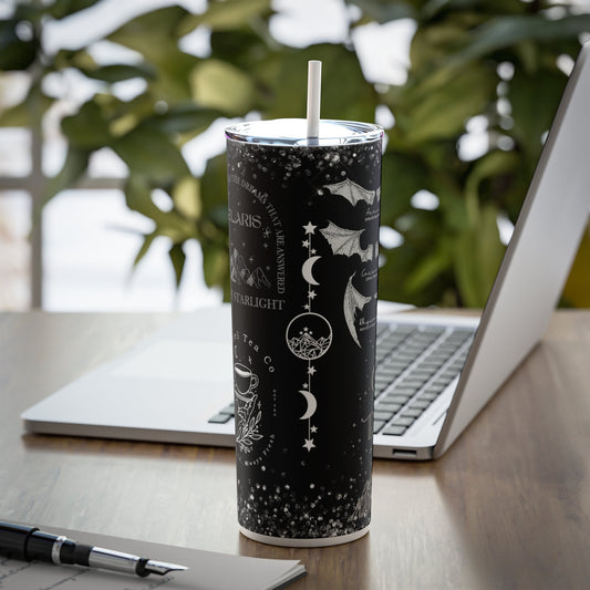 Reusable Sarah J Maas skinny tumbler, City of Starlight, Court of Night, favorite quotes and images, Iced Coffee tumbler, plastic lid/straw
