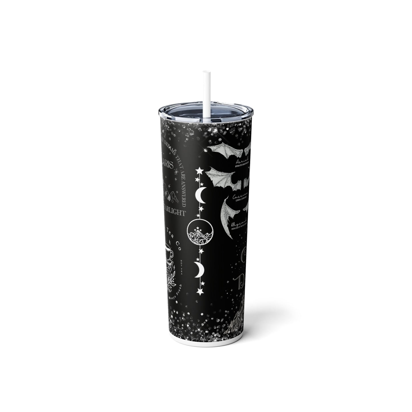 Reusable Sarah J Maas skinny tumbler, City of Starlight, Court of Night, favorite quotes and images, Iced Coffee tumbler, plastic lid/straw