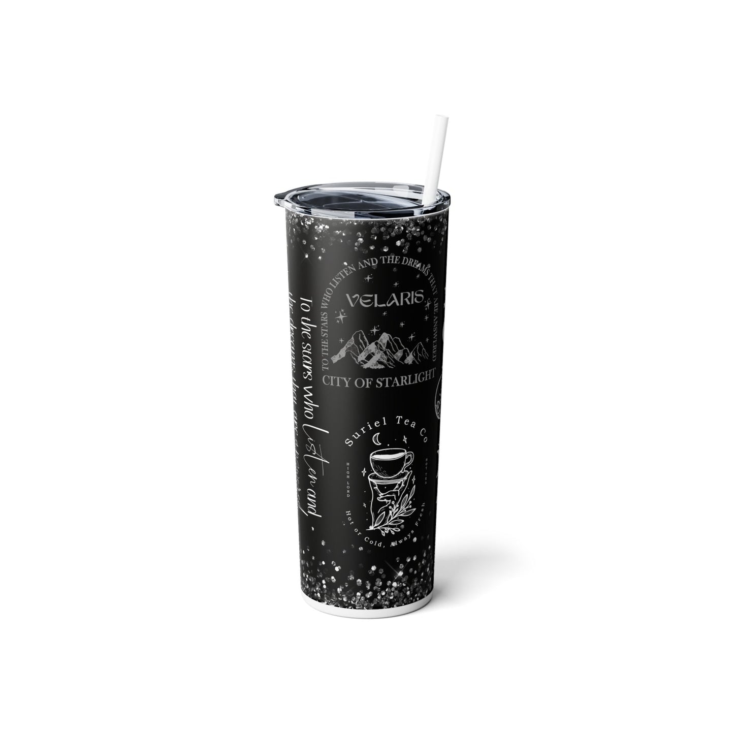 Reusable Sarah J Maas skinny tumbler, City of Starlight, Court of Night, favorite quotes and images, Iced Coffee tumbler, plastic lid/straw