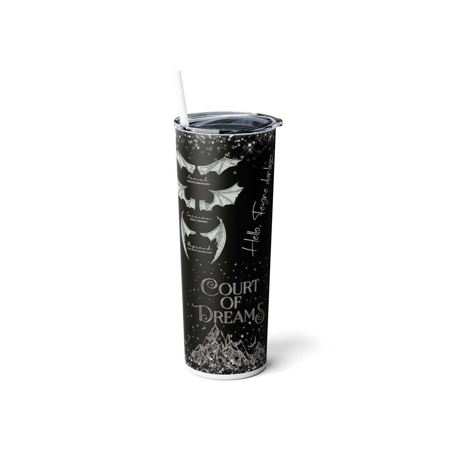 Reusable Sarah J Maas skinny tumbler, City of Starlight, Court of Night, favorite quotes and images, Iced Coffee tumbler, plastic lid/straw
