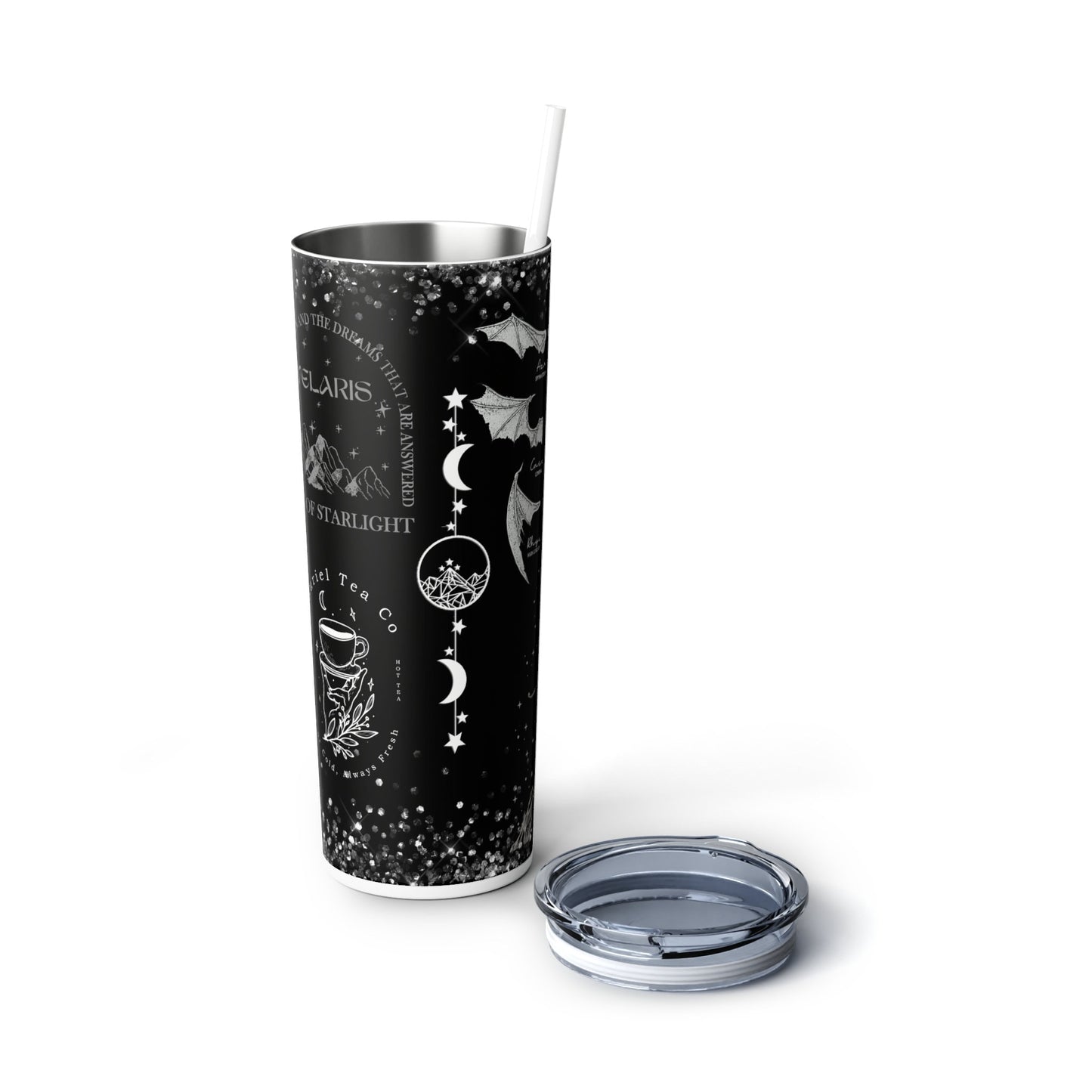 Reusable Sarah J Maas skinny tumbler, City of Starlight, Court of Night, favorite quotes and images, Iced Coffee tumbler, plastic lid/straw