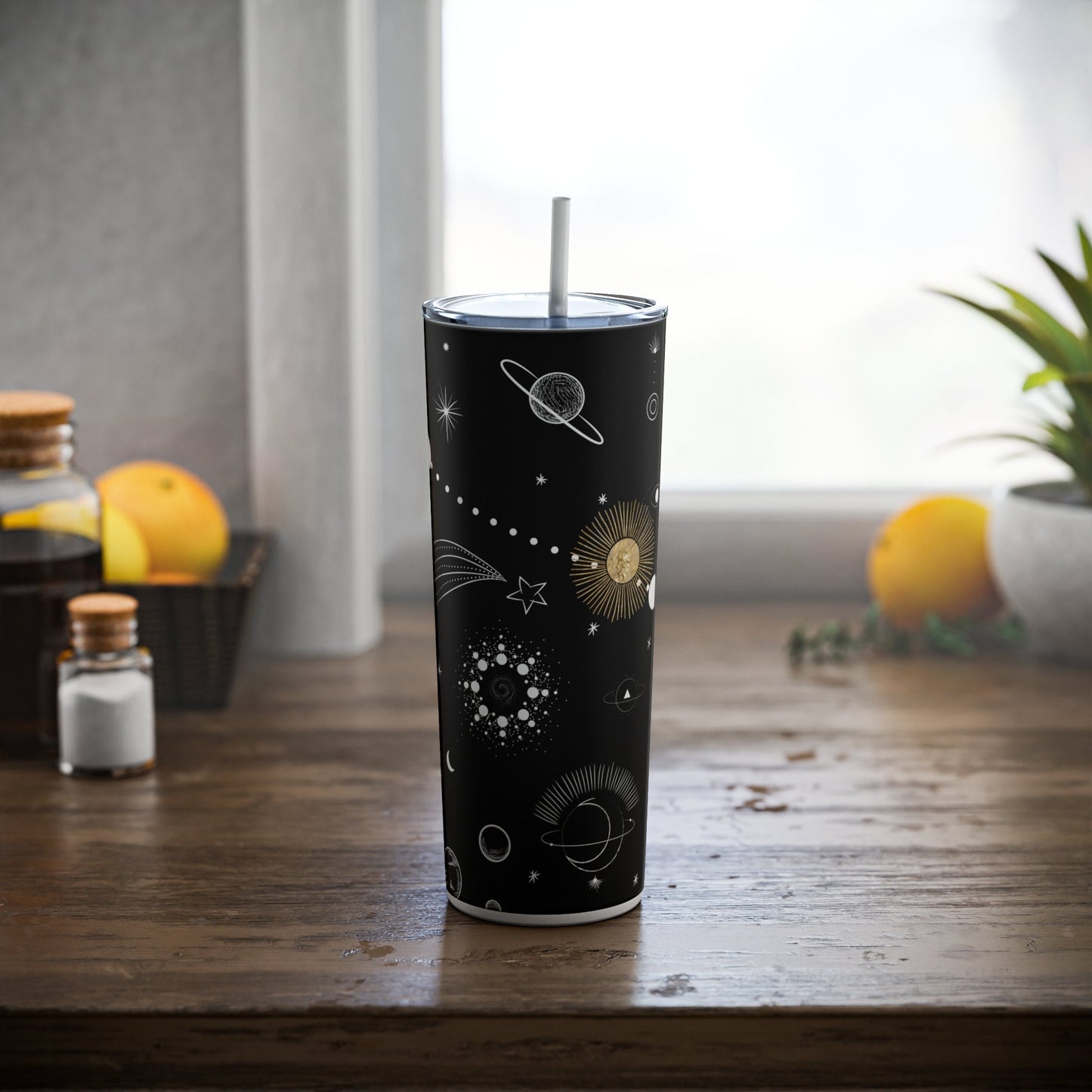 Reusable Space Skinny Tumbler, 20oz with straw, Galaxy design stainless steel, iced coffee tumbler, summer adventure, road trip tumbler