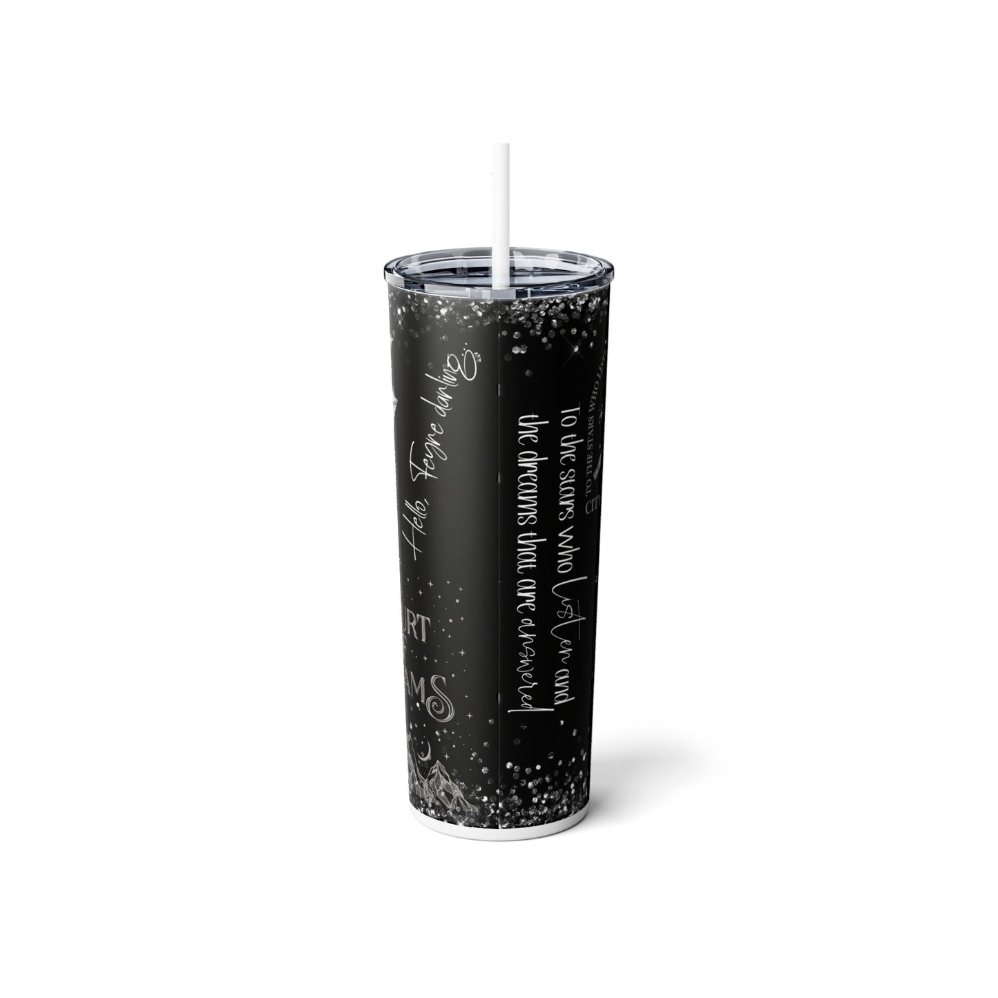 Reusable Sarah J Maas skinny tumbler, City of Starlight, Court of Night, favorite quotes and images, Iced Coffee tumbler, plastic lid/straw
