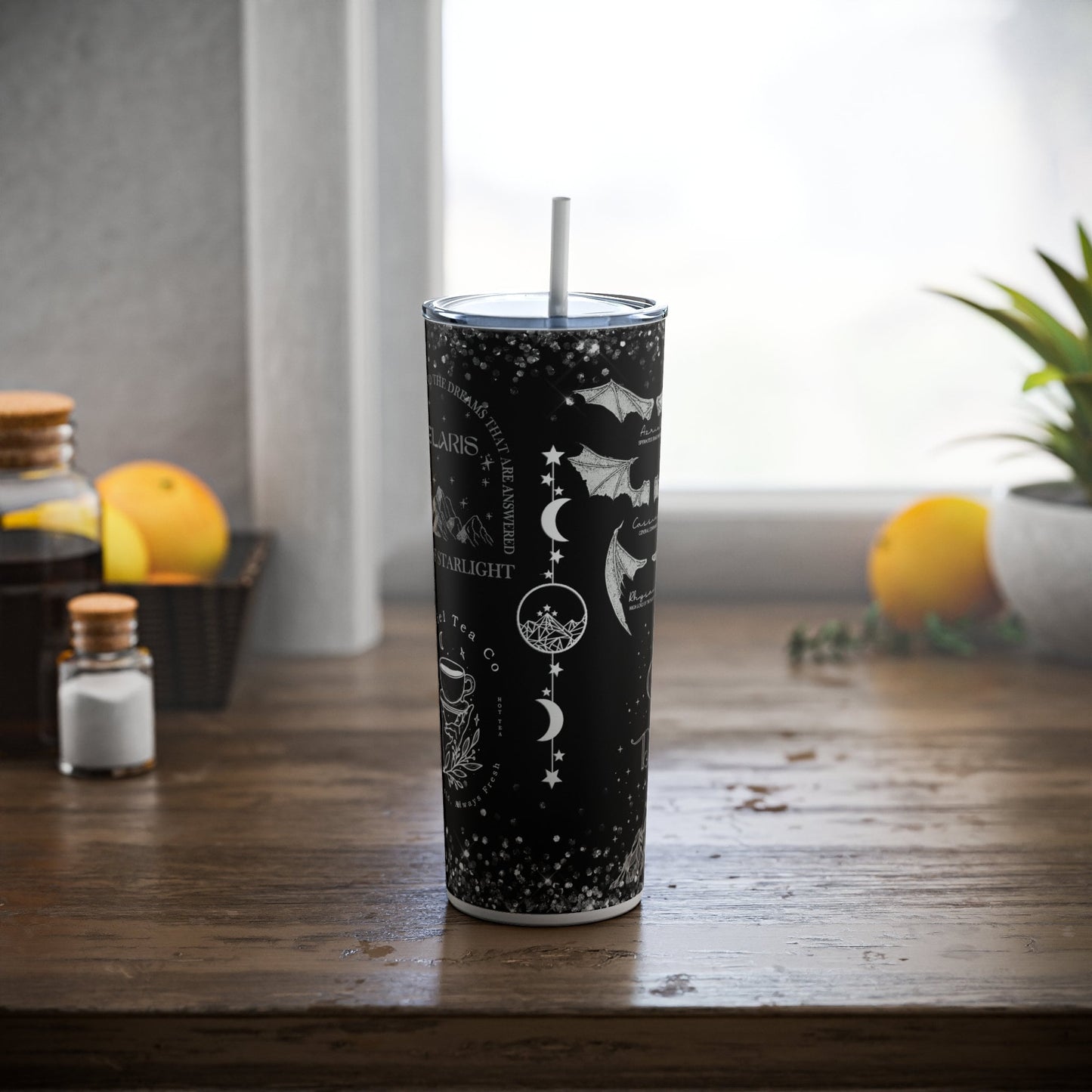 Reusable Sarah J Maas skinny tumbler, City of Starlight, Court of Night, favorite quotes and images, Iced Coffee tumbler, plastic lid/straw