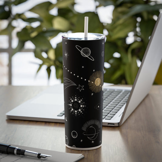 Reusable Space Skinny Tumbler, 20oz with straw, Galaxy design stainless steel, iced coffee tumbler, summer adventure, road trip tumbler