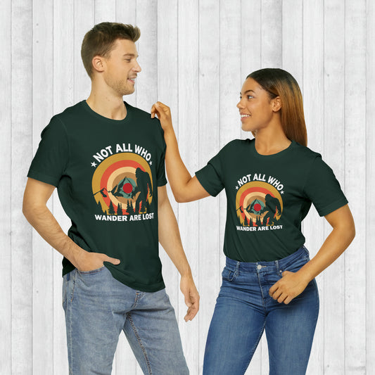 Vintage style "Not all who wander are lost" Bigfoot Jersey Tee, conversation starter, bigfoot gifts fan must have, legendary creatures