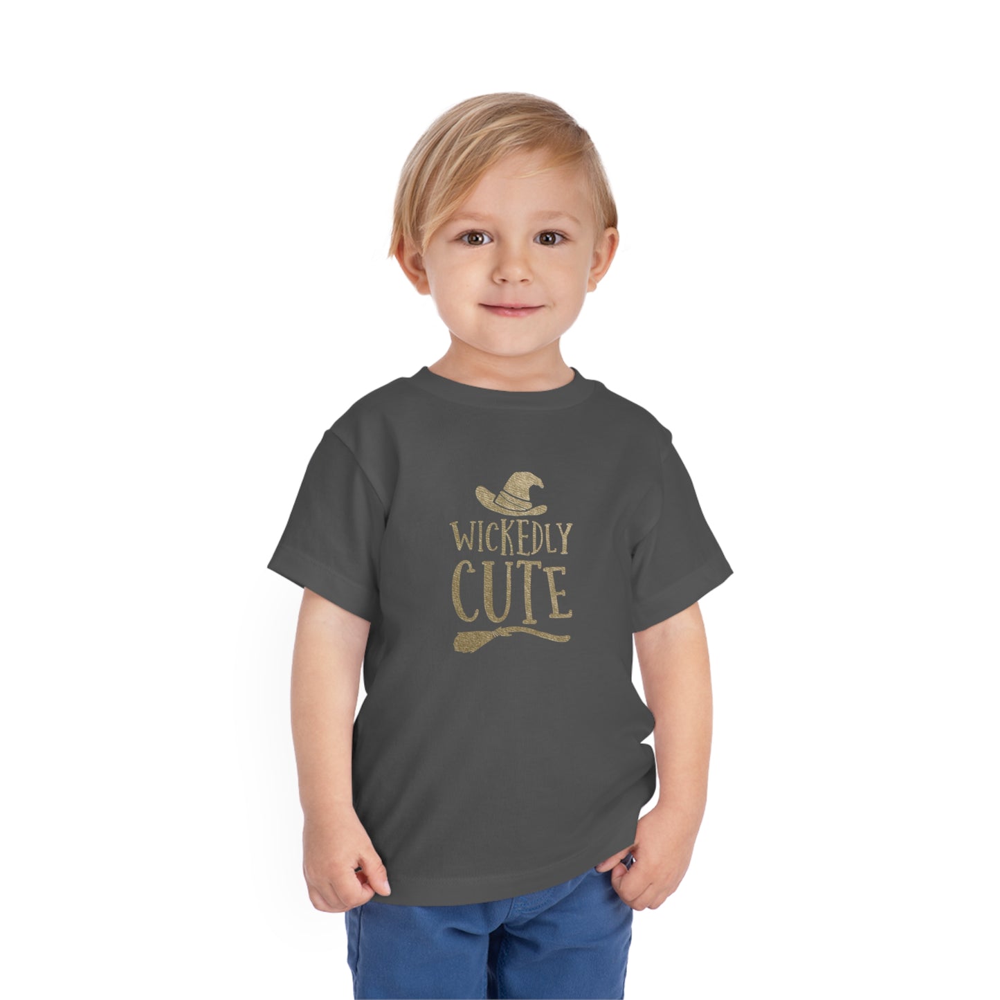 Aesthetic "Wickedly Cute" toddler tshirt, toddler Halloween tee, Trick or treat shirt, Witch hat and broomstick, children's t-shirt