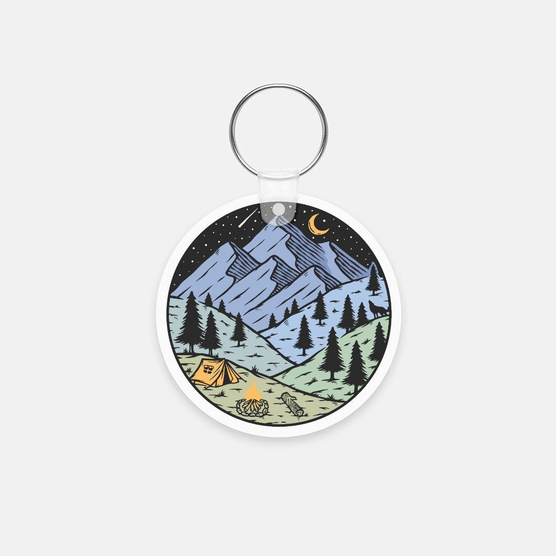 Camping Under the Stars Round Key Chain, Nature Lover Key Ring