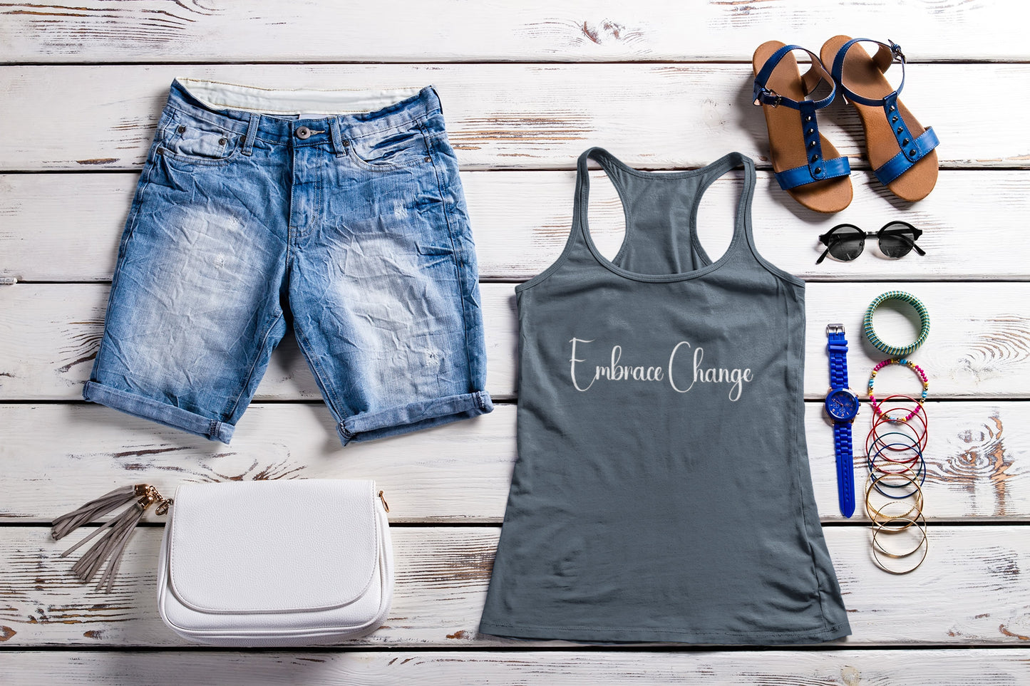 Aesthetic "embrace change" racerback tank, minimalist design, Summer must have, warm weather top, athletic gear, conversation starter